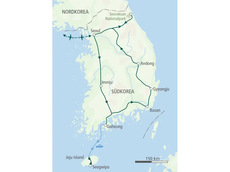 Karte der Wanderreise in Südkorea: Die Route führt von Seoul nach Jeju Island, Busan und in den Seoraksan Nationalpark.