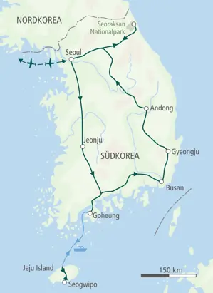 Karte der Wanderreise in Südkorea: Die Route führt von Seoul nach Jeju Island, Busan und in den Seoraksan Nationalpark.