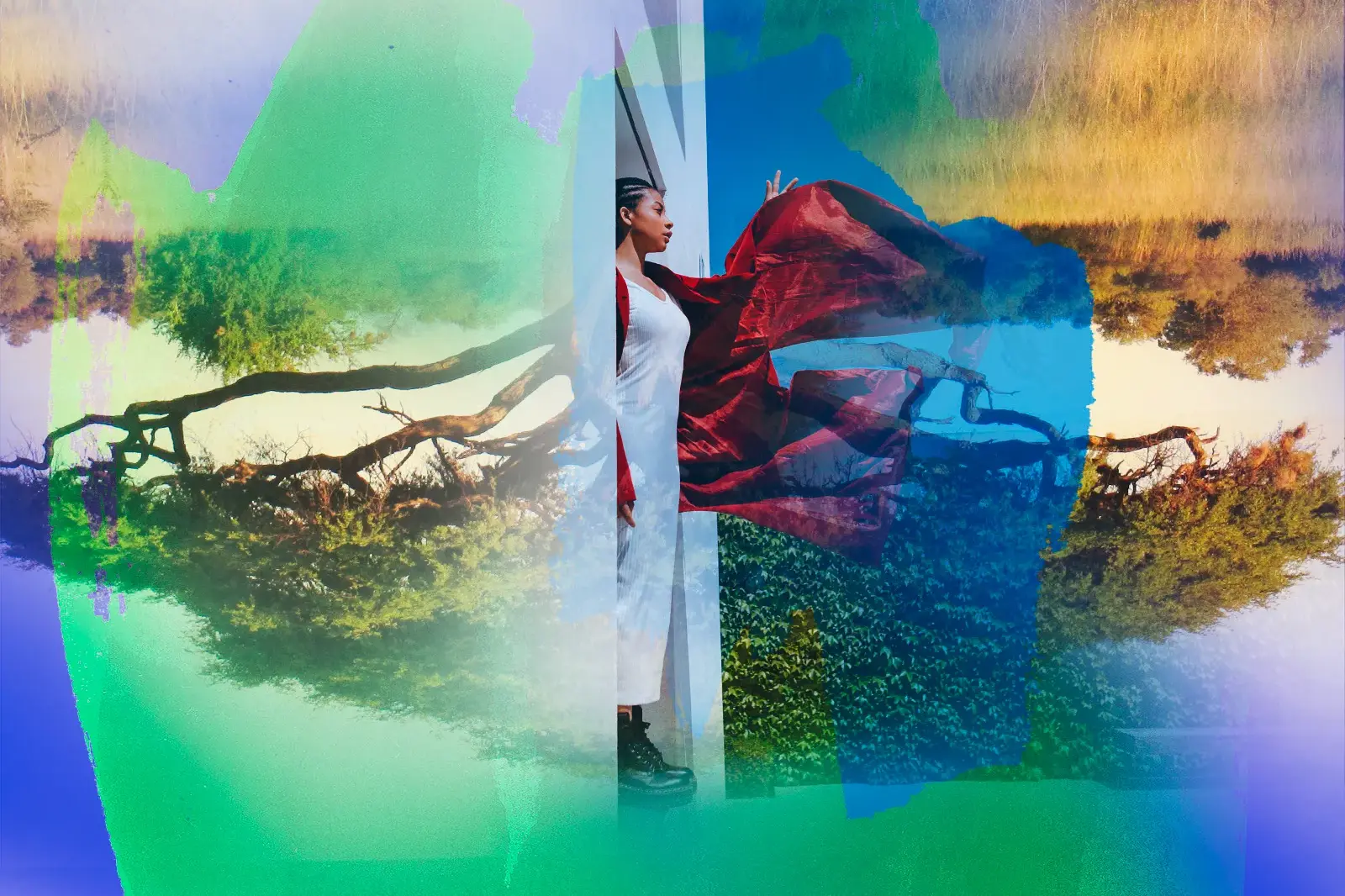 Eine Frau mit wehendem roten Tuch in einer stilisierten Collage aus der vielfältigen Savannen- und Waldlandschaft Madagaskars.