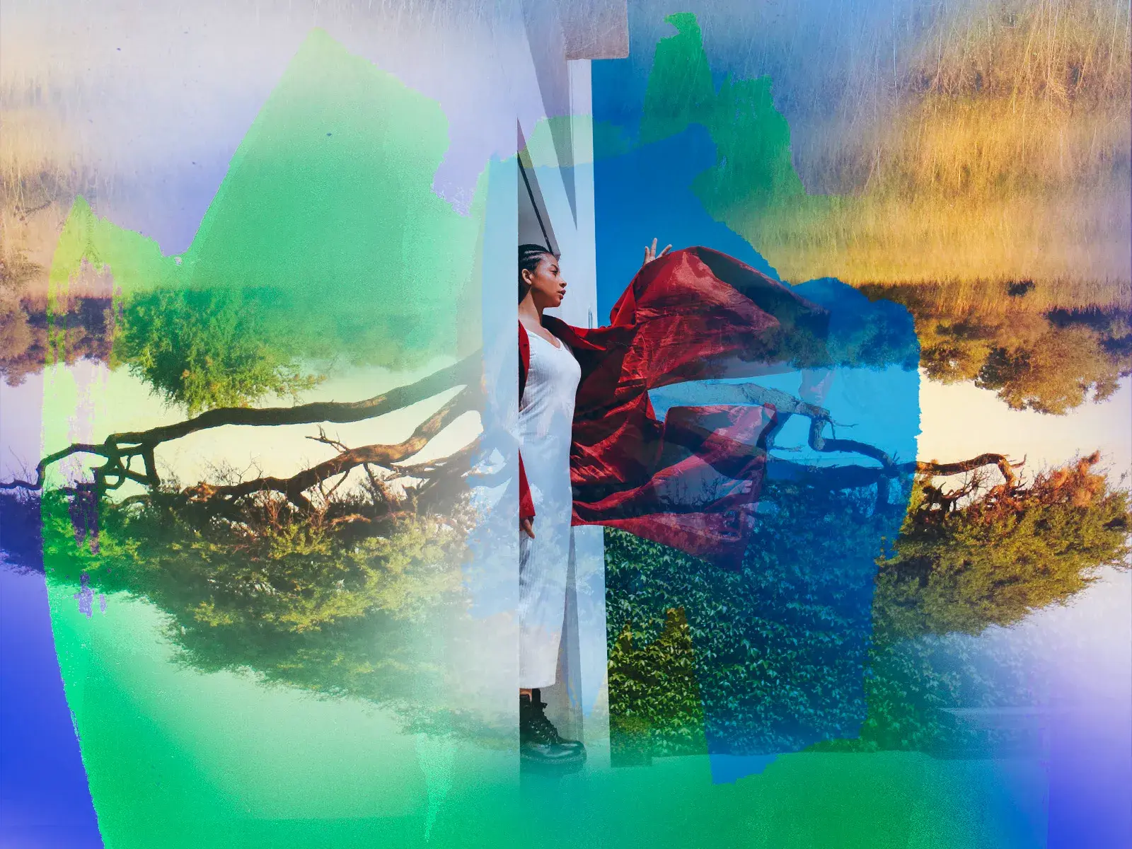 Eine Frau mit wehendem roten Tuch in einer stilisierten Collage aus der vielfältigen Savannen- und Waldlandschaft Madagaskars.