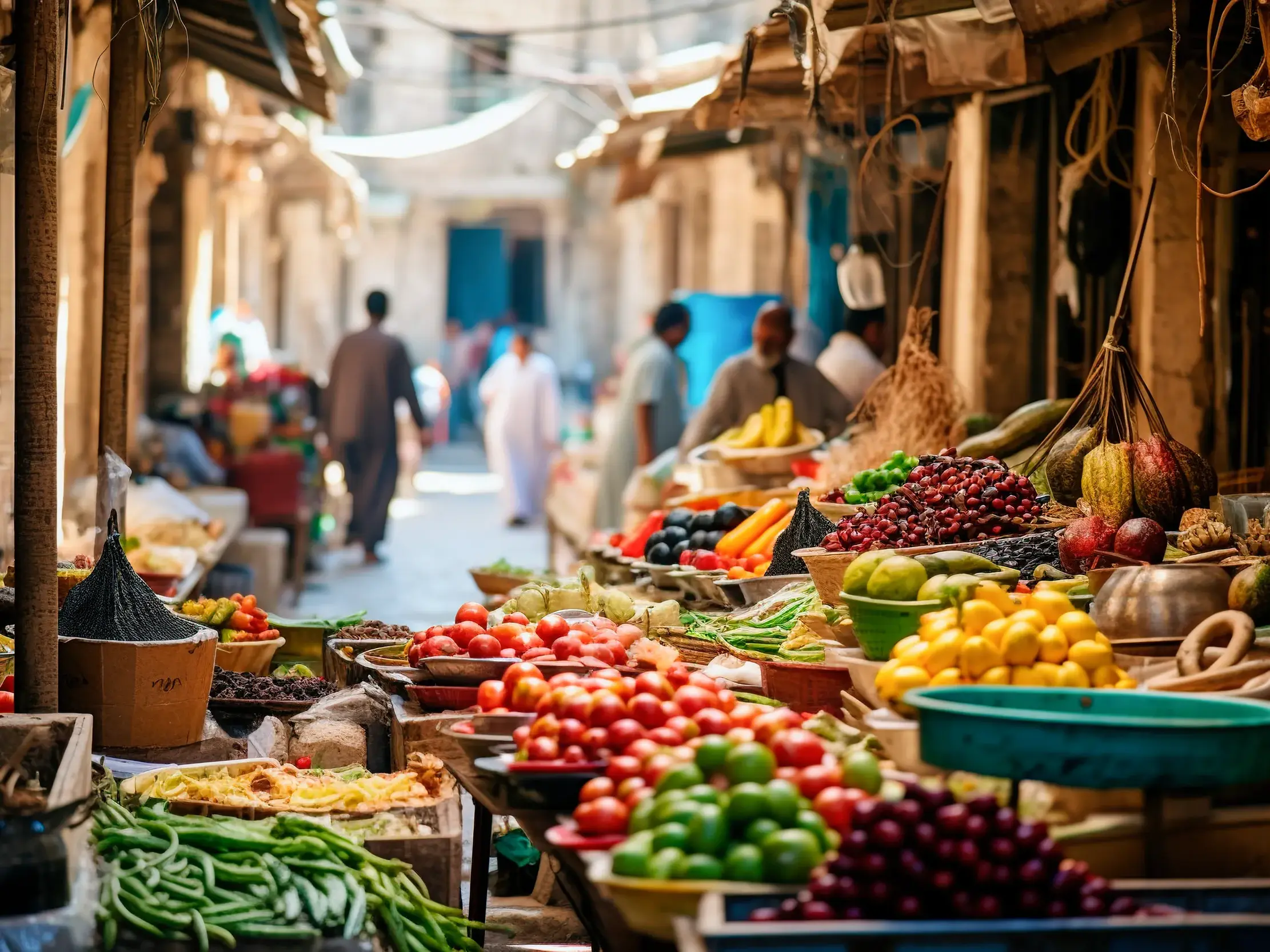 Bunter Obst- und Gemüsestand auf einem lokalen Markt in Kairo, der zum kulinarischen Entdecken auf einer Städtereise einlädt.
