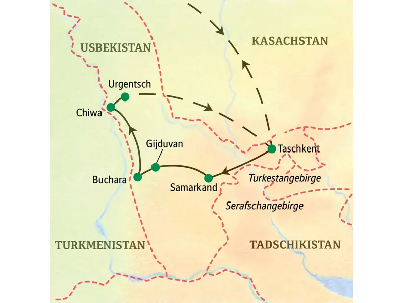 Reiseroute der geführten Studienreise in Usbekistan von Taschkent über Samarkand, Buchara und Chiwa zurück nach Taschkent.