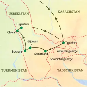 Reiseroute der geführten Studienreise in Usbekistan von Taschkent über Samarkand, Buchara und Chiwa zurück nach Taschkent.