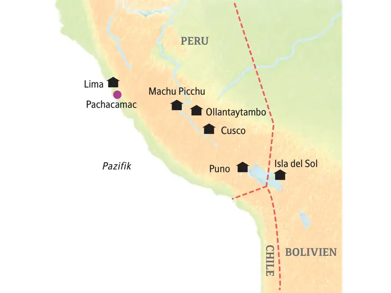 Karte der Studiosus-Studienreise durch Peru und Bolivien von Lima über Cusco, Machu Picchu und Puno am Titicacasee zur Isla del Sol.