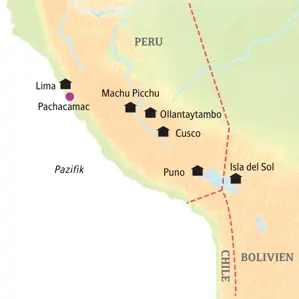 Karte der Studiosus-Studienreise durch Peru und Bolivien von Lima über Cusco, Machu Picchu und Puno am Titicacasee zur Isla del Sol.