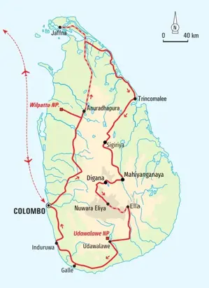 Karte unserer Hauser Trekkingreise in Sri Lanka. Die Route führt von Colombo über Jaffna, Sigiriya, Nuwara Eliya und Galle.