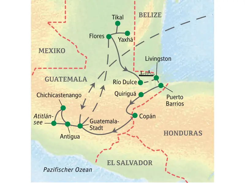 Karte der geführten Studienreise in Guatemala: von Antigua über den Atitlánsee, Tikal und Livingston bis nach Copán in Honduras.