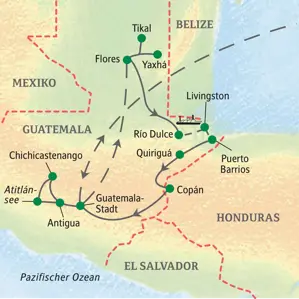 Karte der geführten Studienreise in Guatemala: von Antigua über den Atitlánsee, Tikal und Livingston bis nach Copán in Honduras.