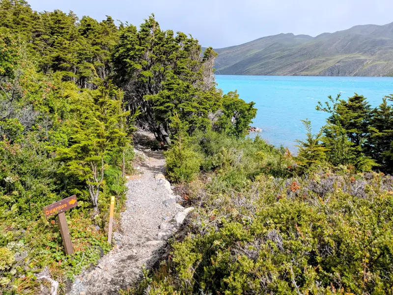 Schmaler Wanderweg am türkisfarbenen Lago Nordenskjöld im Torres del Paine Nationalpark auf dem W-Trek in Richtung Cuernos.