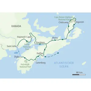 Karte der Selbstfahrer-Wanderreise in Kanadas Maritimes von Halifax über Lunenburg, die Bay of Fundy und Cape Breton.