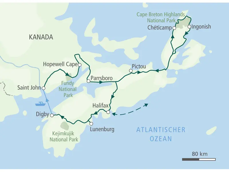 Karte der Selbstfahrer-Wanderreise in Kanadas Maritimes von Halifax über Lunenburg, die Bay of Fundy und Cape Breton.