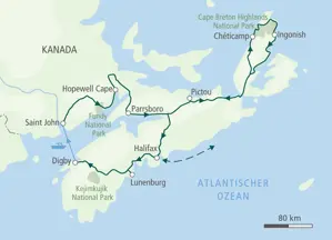 Karte der Selbstfahrer-Wanderreise in Kanadas Maritimes von Halifax über Lunenburg, die Bay of Fundy und Cape Breton.