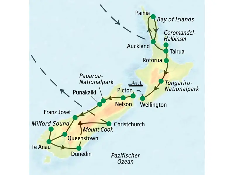 Karte der Studienreise durch Neuseeland von Auckland auf der Nordinsel über Wellington und Christchurch bis zum Milford Sound.