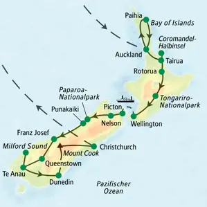 Karte der Studienreise durch Neuseeland von Auckland auf der Nordinsel über Wellington und Christchurch bis zum Milford Sound.