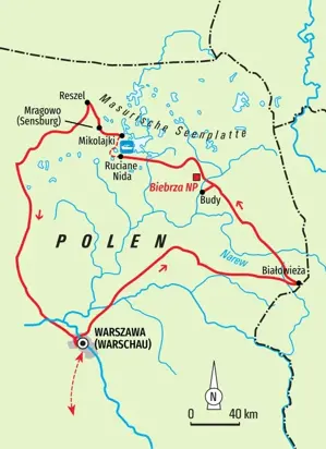 Karte der Wanderreise in Polen, die von Warschau zum Białowieża-Nationalpark und durch die Masurische Seenplatte führt.