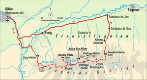 Karte der Trekkingreise im Fagaras-Gebirge in Rumänien, die von Sibiu über Hütten zu den Gipfeln Negoiu und Moldoveanu führt.