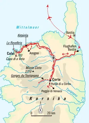Karte der Trekkingreise auf Korsika, die von Bastia in die Bergwelt bei Corte und weiter an die Küste bei Calvi führt.