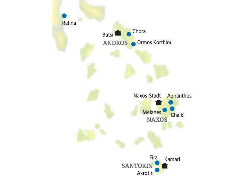 Übersichtskarte der Studiosus-Studienreise zu den Kykladeninseln Andros, Naxos und Santorin mit der Route ab Rafina.