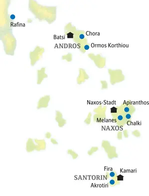 Übersichtskarte der Studiosus-Studienreise zu den Kykladeninseln Andros, Naxos und Santorin mit der Route ab Rafina.