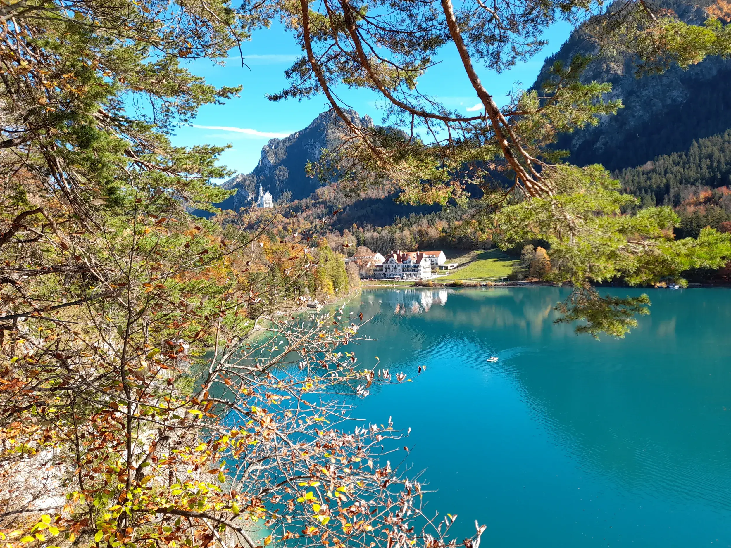 Herbstlicher Ausblick während einer Wanderung auf den türkisen Alpsee mit Schloss Hohenschwangau und Schloss Neuschwanstein.