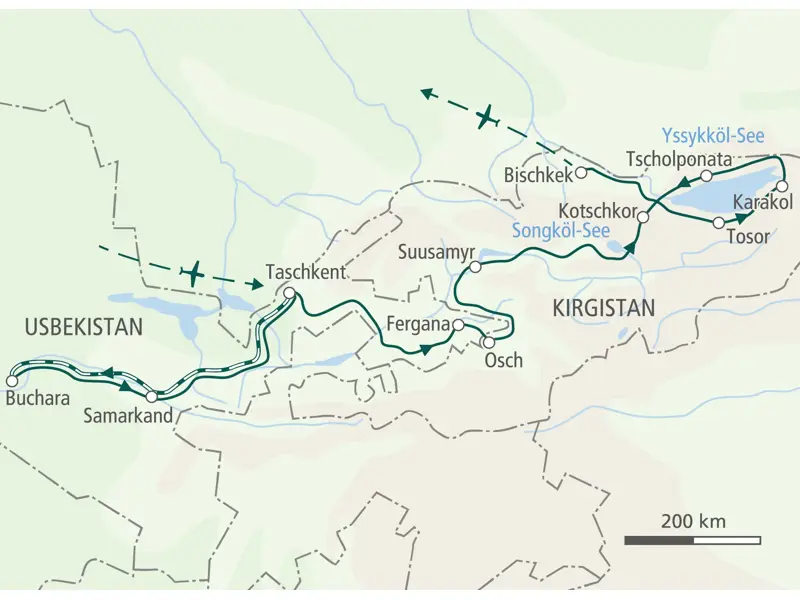 Reiseroute der Wanderreise entlang der Seidenstraße von Buchara über Samarkand und Taschkent nach Kirgistan zum Yssykköl.