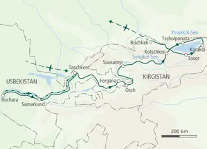 Reiseroute der Wanderreise entlang der Seidenstraße von Buchara über Samarkand und Taschkent nach Kirgistan zum Yssykköl.