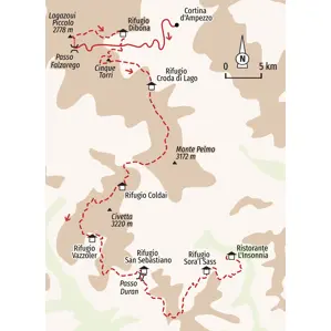 Karte unserer Hüttenwanderung in den Dolomiten auf dem Alta Via 1, die vom Lagazuoi über die Cinque Torri und Civetta führt.