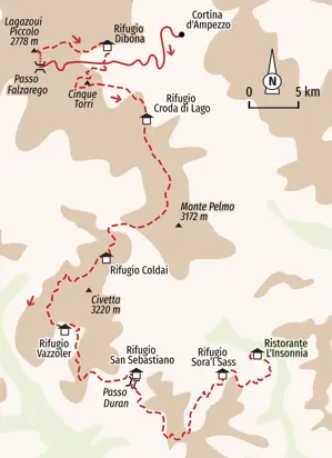 Karte unserer Hüttenwanderung in den Dolomiten auf dem Alta Via 1, die vom Lagazuoi über die Cinque Torri und Civetta führt.