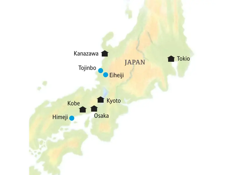 Karte der Reiseroute unserer Kleingruppenreise in Japan von Osaka über Kobe, Kyoto und Kanazawa bis nach Tokio.