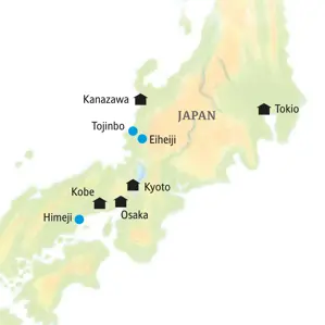 Karte der Reiseroute unserer Kleingruppenreise in Japan von Osaka über Kobe, Kyoto und Kanazawa bis nach Tokio.