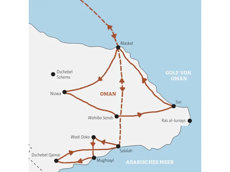 Karte der Kleingruppenreise im Oman. Route von Maskat nach Nizwa, Wahiba Sands, Sur und per Flug in den Süden nach Salalah.