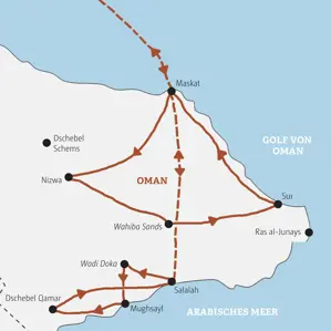 Karte der Kleingruppenreise im Oman. Route von Maskat nach Nizwa, Wahiba Sands, Sur und per Flug in den Süden nach Salalah.