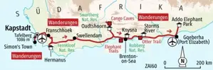 Karte der Selbstfahrer-Wanderreise in Südafrika, die entlang der Garden Route von Kapstadt bis nach Port Elizabeth führt.