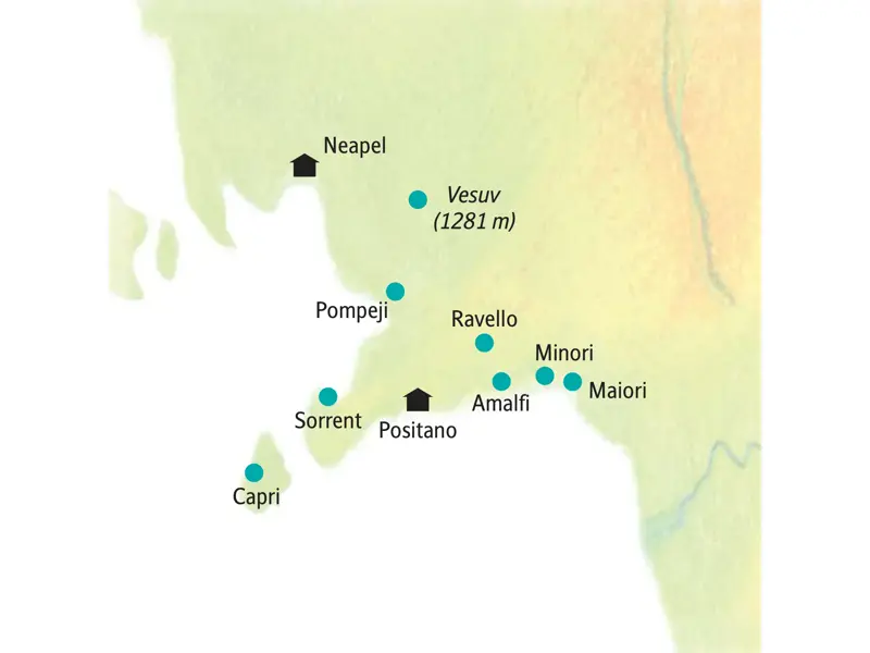 Übersichtskarte der Studiosus-Studienreise an die Amalfiküste mit Route von Neapel über Pompeji, den Vesuv und Positano.