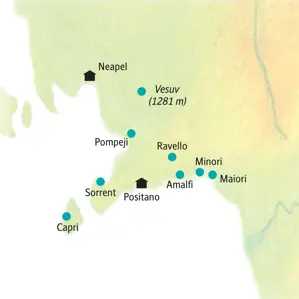 Übersichtskarte der Studiosus-Studienreise an die Amalfiküste mit Route von Neapel über Pompeji, den Vesuv und Positano.