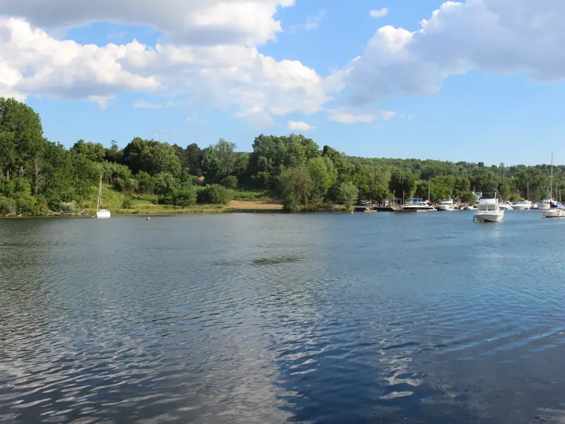 Boote ankern in einer Bucht am Sankt-Lorenz-Strom in Kanadas Thousand Islands, umgeben von dichten, grünen Wäldern.