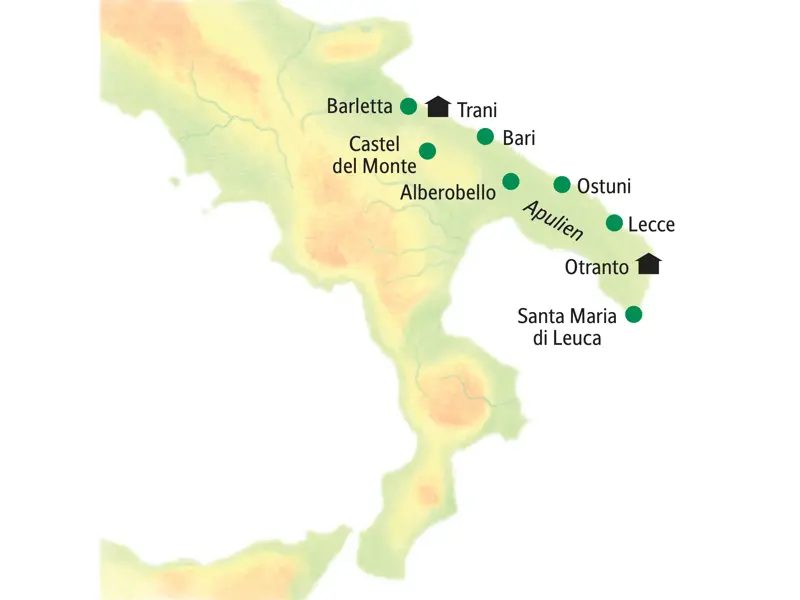 Karte der Studiosus Studienreise in Apulien mit Route von Trani über Bari, Alberobello und Lecce bis nach Otranto.