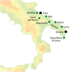 Karte der Studiosus Studienreise in Apulien mit Route von Trani über Bari, Alberobello und Lecce bis nach Otranto.