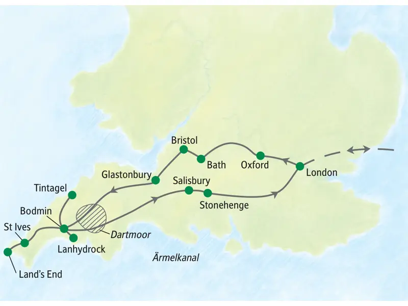 Karte der Reiseroute für die Südengland-Studienreise: von London über Oxford, Bath, Cornwall, Salisbury und Stonehenge.