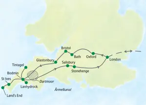 Karte der Reiseroute für die Südengland-Studienreise: von London über Oxford, Bath, Cornwall, Salisbury und Stonehenge.