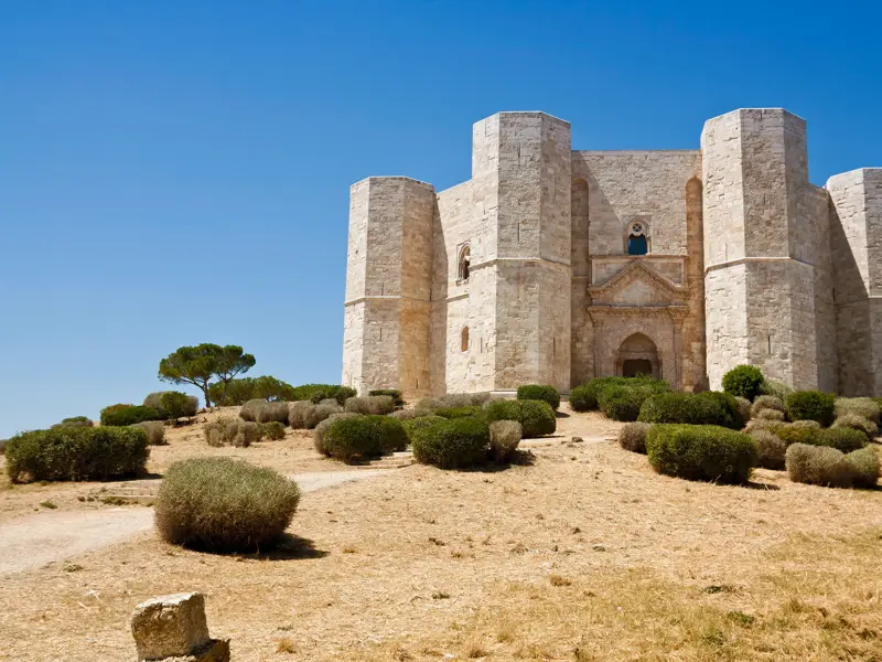 Das achteckige Castel del Monte, UNESCO-Welterbe, thront bei klarem Himmel auf einem Hügel mit mediterraner Vegetation in Apulien.
