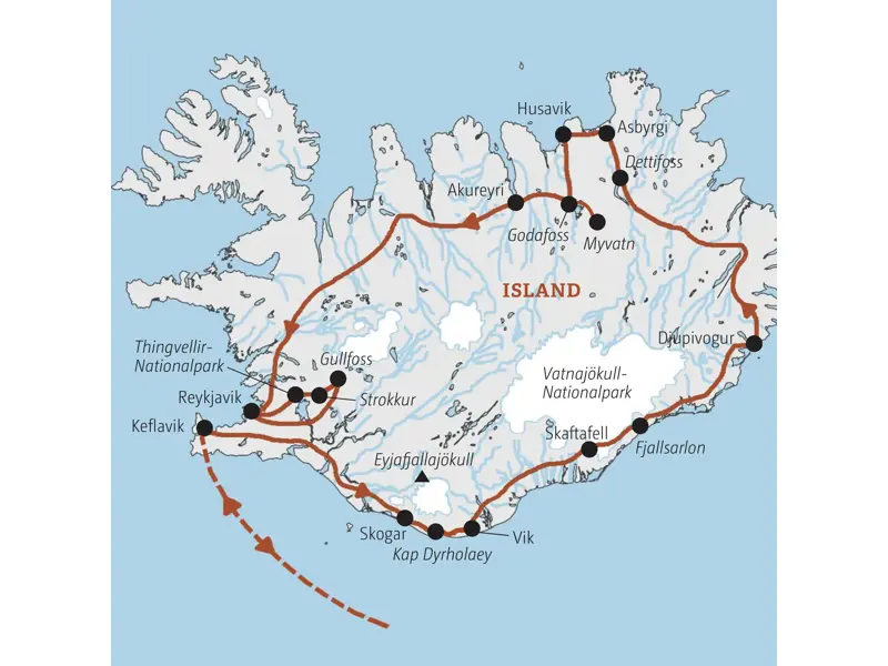 Karte der Kleingruppenreise durch Island. Die Route führt auf der Ringstraße von Reykjavik über Vik und Akureyri zurück.