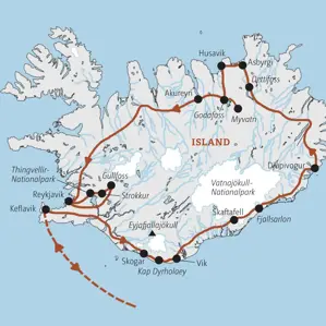 Karte der Kleingruppenreise durch Island. Die Route führt auf der Ringstraße von Reykjavik über Vik und Akureyri zurück.