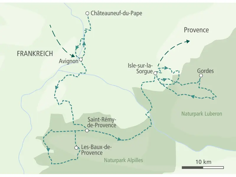 Routenkarte der Radreise in der Provence: Von Avignon über Saint-Rémy-de-Provence und Gordes bis nach L'Isle-sur-la-Sorgue.