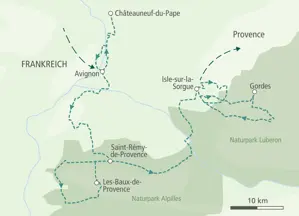 Routenkarte der Radreise in der Provence: Von Avignon über Saint-Rémy-de-Provence und Gordes bis nach L'Isle-sur-la-Sorgue.