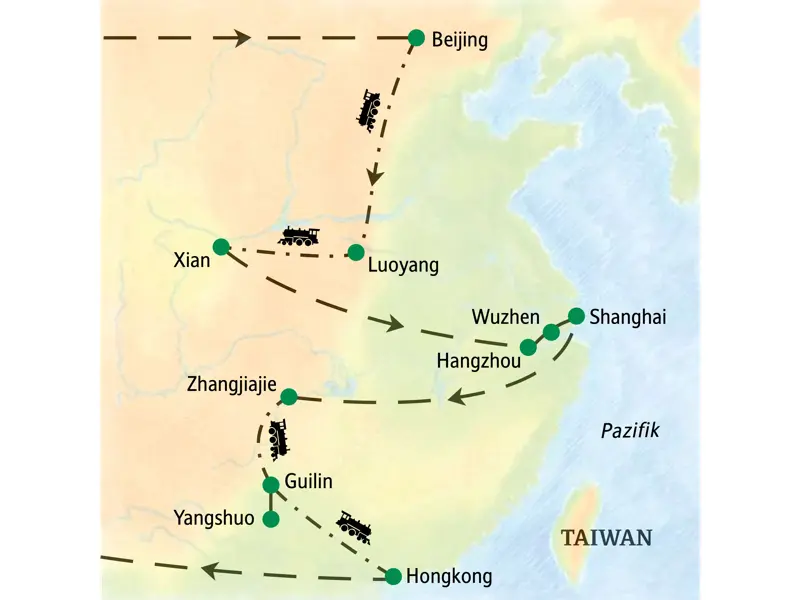 Karte der Studiosus Studienreise in China: Die Route führt von Beijing über Xian, Shanghai und Guilin bis nach Hongkong.