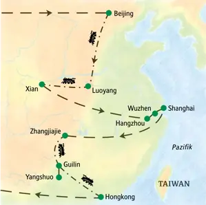 Karte der Studiosus Studienreise in China: Die Route führt von Beijing über Xian, Shanghai und Guilin bis nach Hongkong.