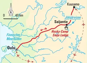 Karte der Gruppenreise in Finnisch Lappland: Die Route führt von Kuusamo zum Husky-Camp Saija Lodge am Jokijärvisee.