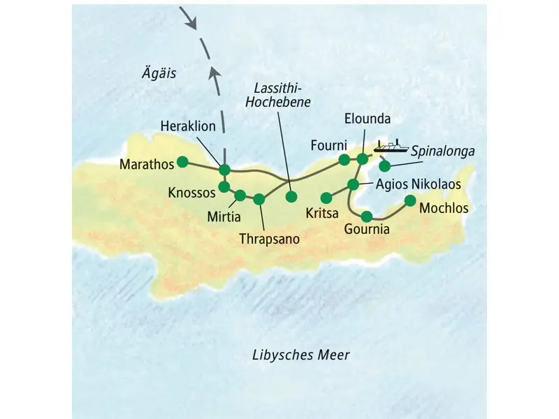 Routenkarte der geführten Studienreise auf Kreta mit Ausflügen ab Elounda zu Zielen wie Heraklion, Knossos und Spinalonga.