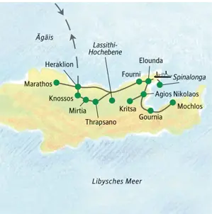 Routenkarte der geführten Studienreise auf Kreta mit Ausflügen ab Elounda zu Zielen wie Heraklion, Knossos und Spinalonga.